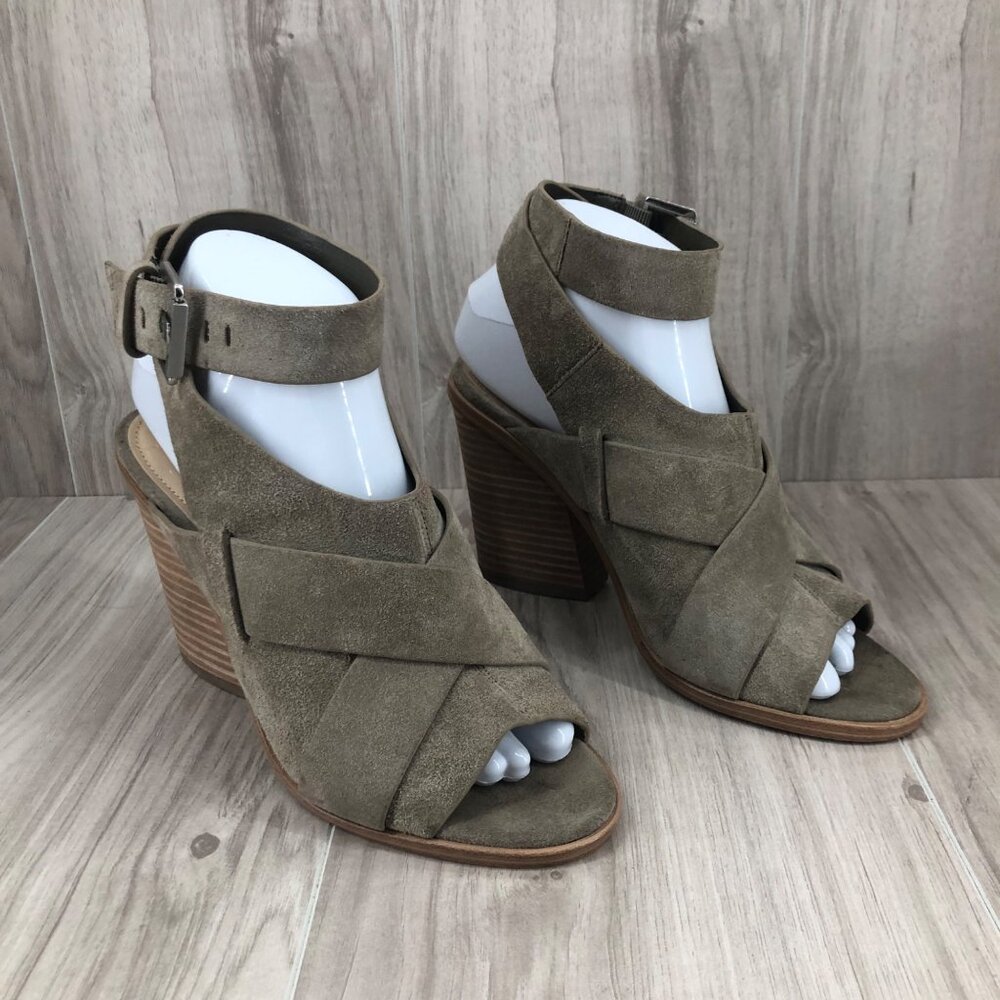 Marc Fisher Bootie Sandals Womens 7M Valen Taupe Seude Buckle Strap Heeled Shoes